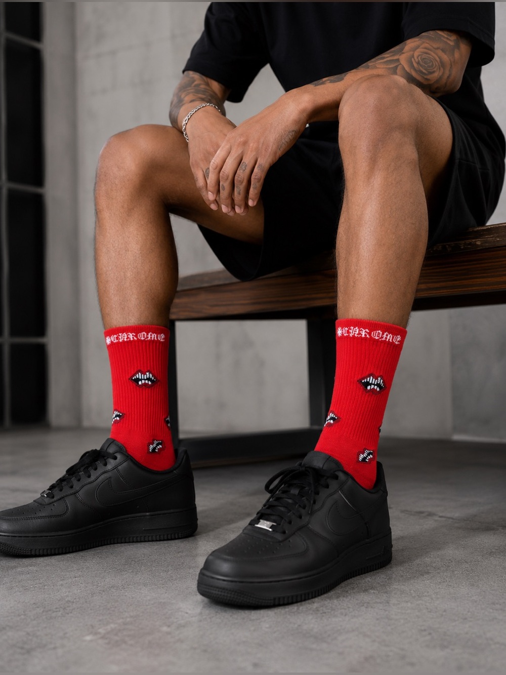 Chrome Hearts Chomper Red Graphic Crew Socks with Black & White Lip Motif